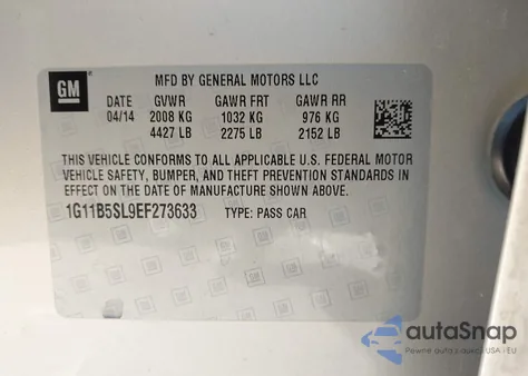 2014 Chevrolet Malibu 1Ls z USA, uszkodzony, nr VIN 1G11B5SL9EF273633